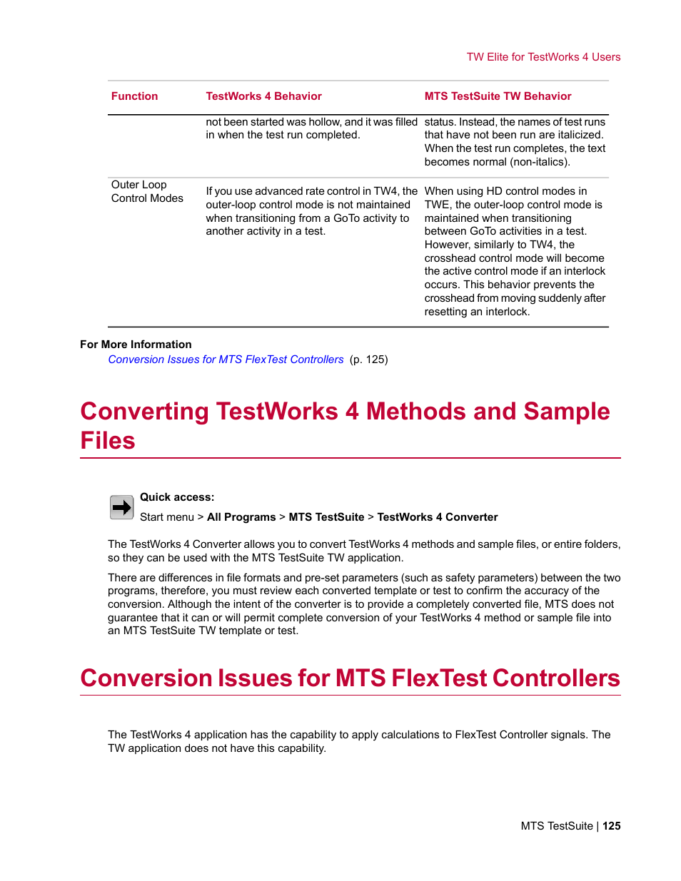 Converting testworks 4 methods and sample files, Conversion issues for mts flextest controllers | MTS TW Elite User Manual | Page 125 / 132