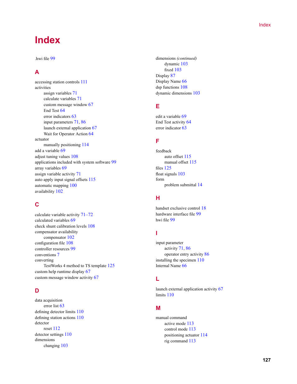 Index | MTS TW Elite User Manual | Page 127 / 132