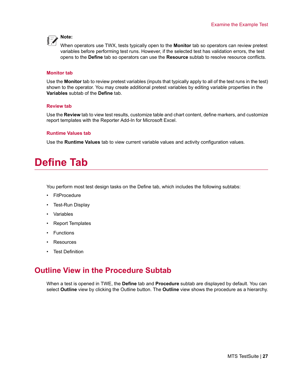 Define tab, Outline view in the procedure subtab | MTS TW Elite User Manual | Page 27 / 132