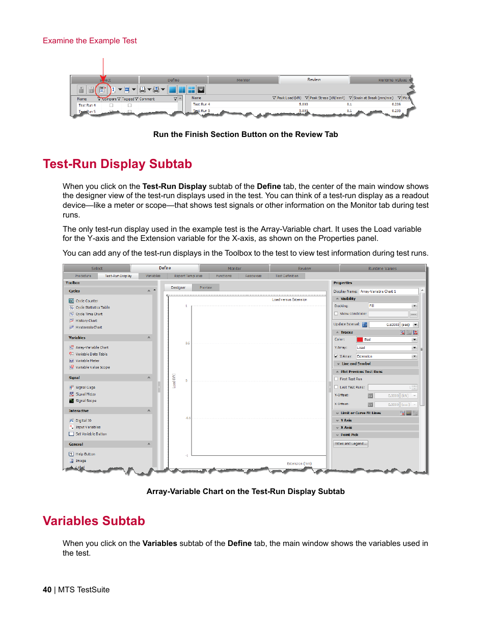 Test-run display subtab, Variables subtab | MTS TW Elite User Manual | Page 40 / 132
