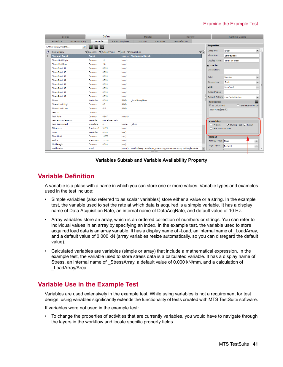 Variable definition, Variable use in the example test | MTS TW Elite User Manual | Page 41 / 132