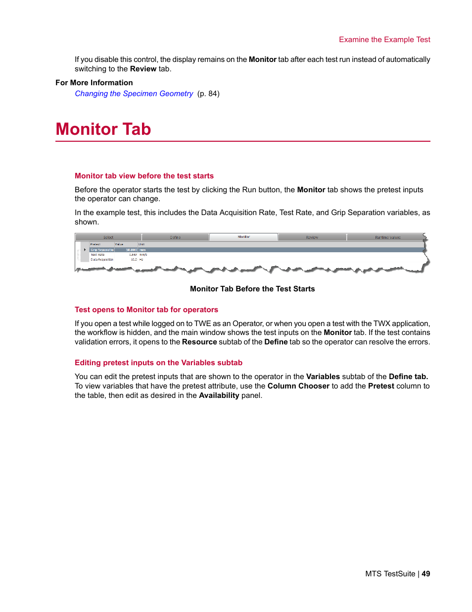 Monitor tab | MTS TW Elite User Manual | Page 49 / 132