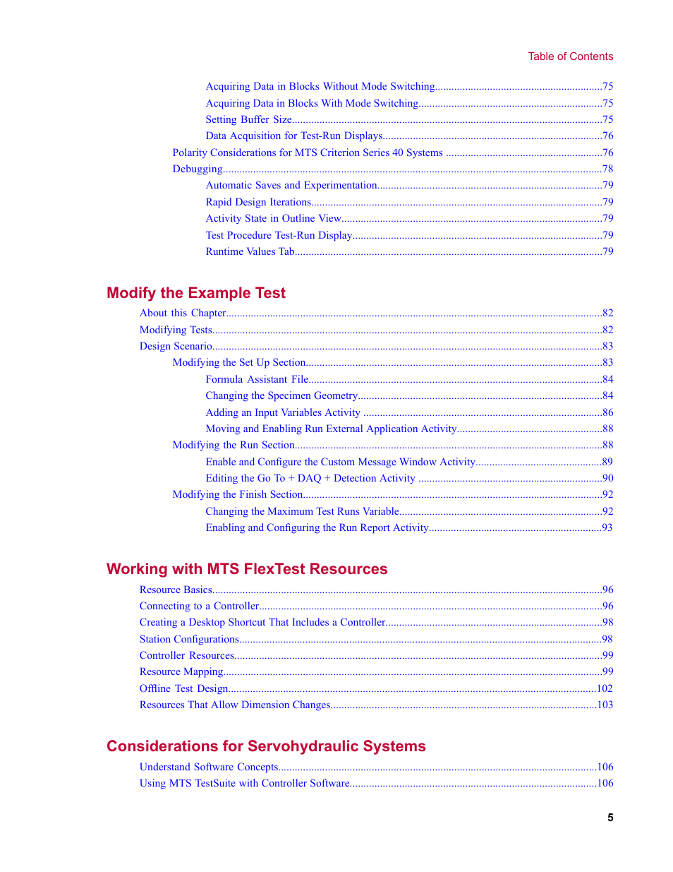 Modify the example test, Working with mts flextest resources, Considerations for servohydraulic systems | MTS TW Elite User Manual | Page 5 / 132