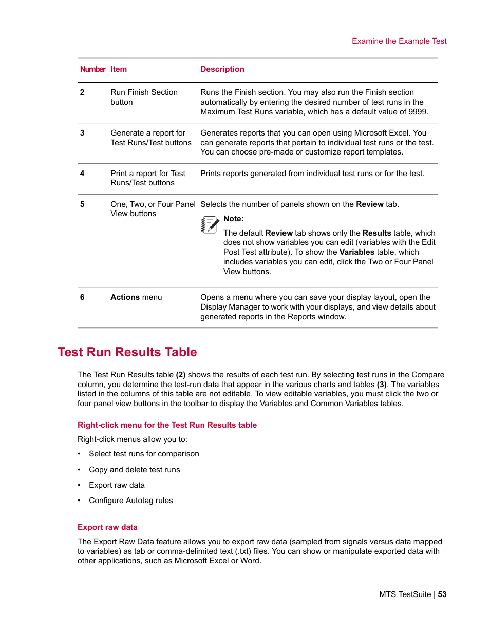 Test run results table | MTS TW Elite User Manual | Page 53 / 132
