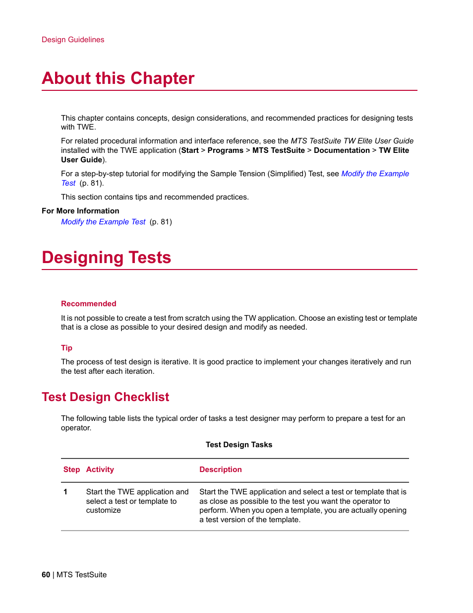 About this chapter, Designing tests, Test design checklist | MTS TW Elite User Manual | Page 60 / 132