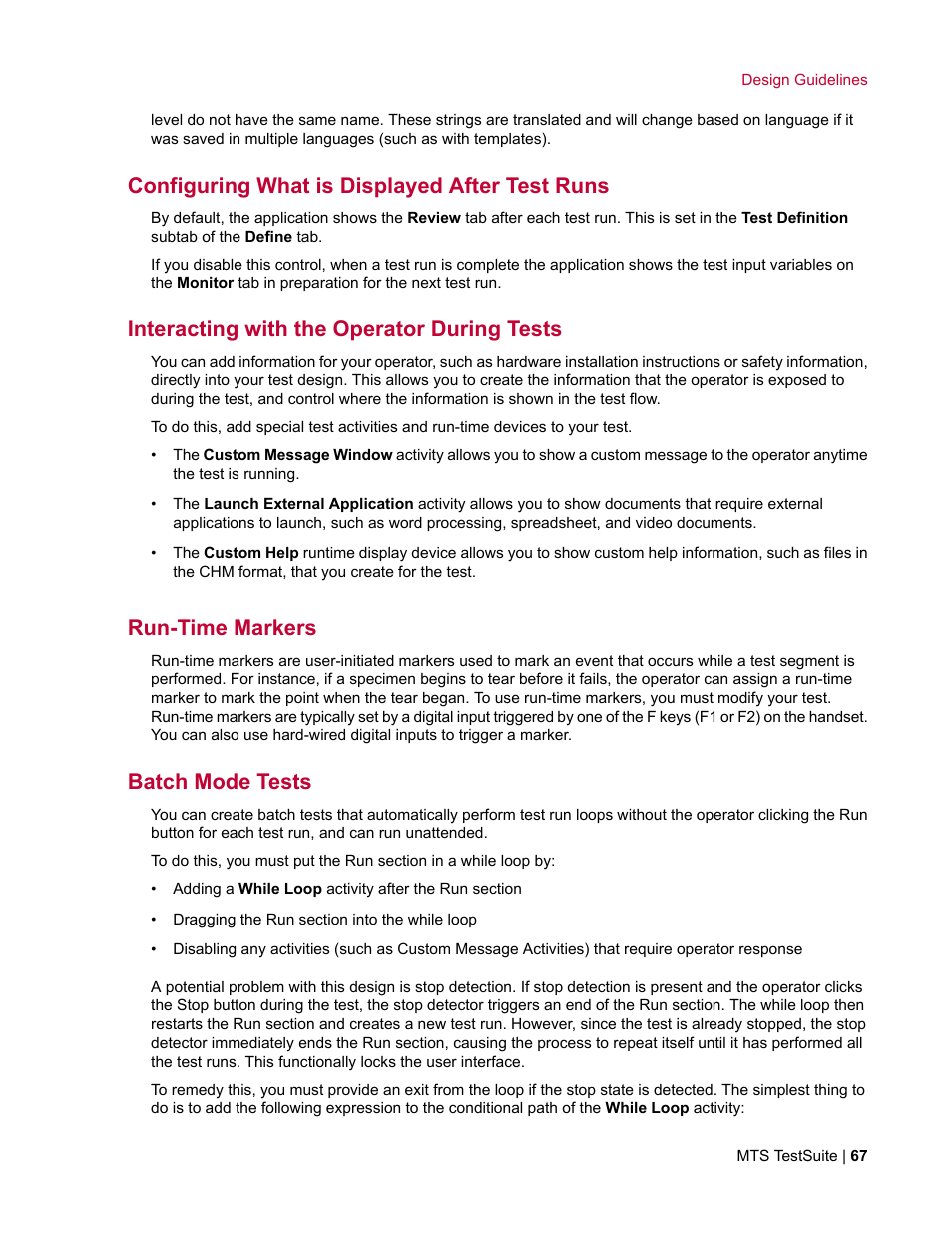 Configuring what is displayed after test runs, Interacting with the operator during tests, Run-time markers | Batch mode tests | MTS TW Elite User Manual | Page 67 / 132