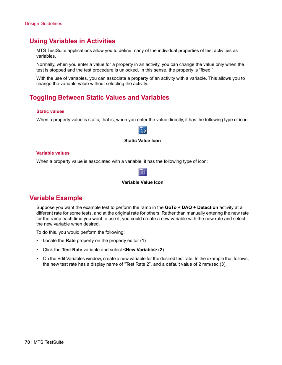 Using variables in activities, Toggling between static values and variables, Variable example | MTS TW Elite User Manual | Page 70 / 132
