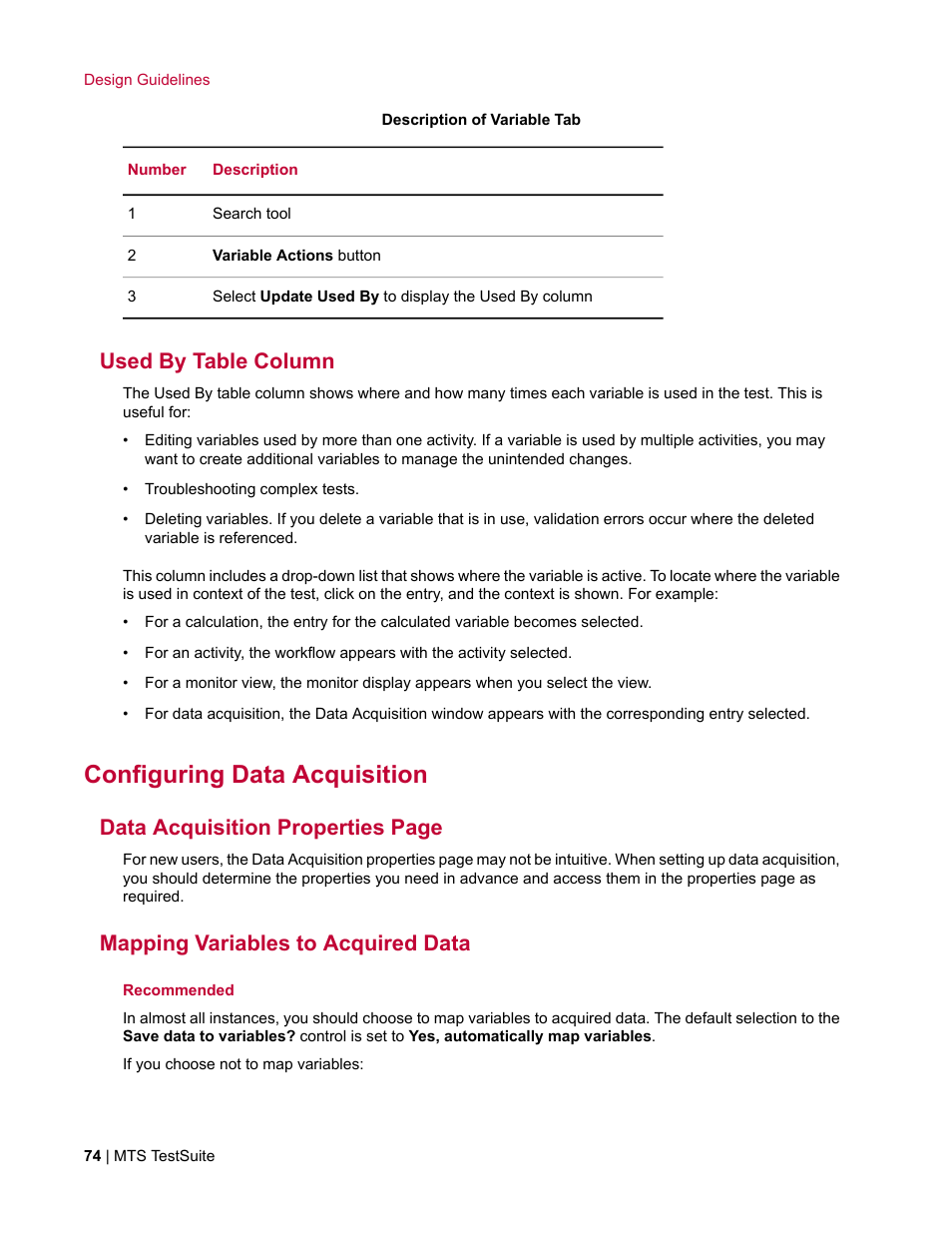 Used by table column, Configuring data acquisition, Mapping variables to acquired data | Data acquisition properties page | MTS TW Elite User Manual | Page 74 / 132