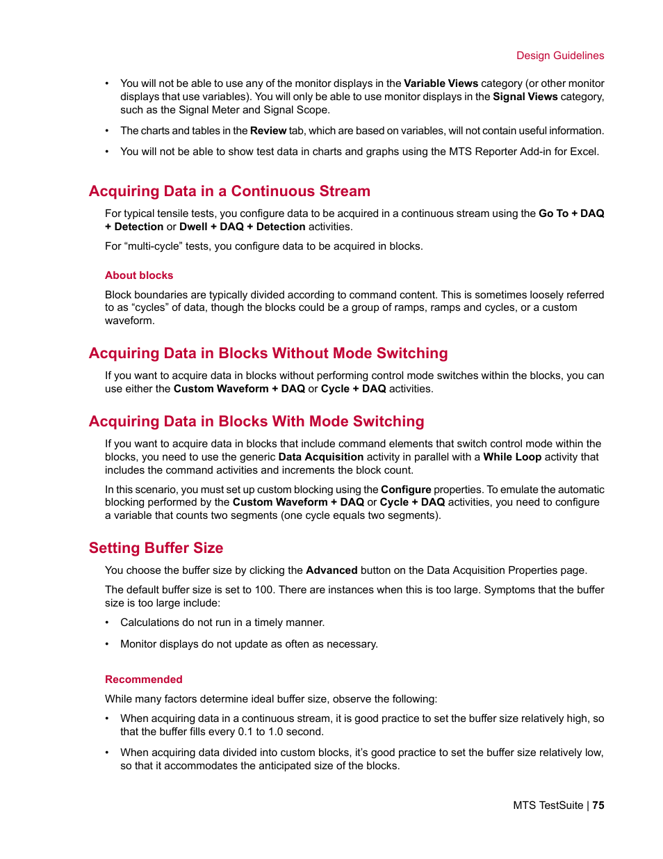 Acquiring data in a continuous stream, Acquiring data in blocks without mode switching, Acquiring data in blocks with mode switching | Setting buffer size | MTS TW Elite User Manual | Page 75 / 132