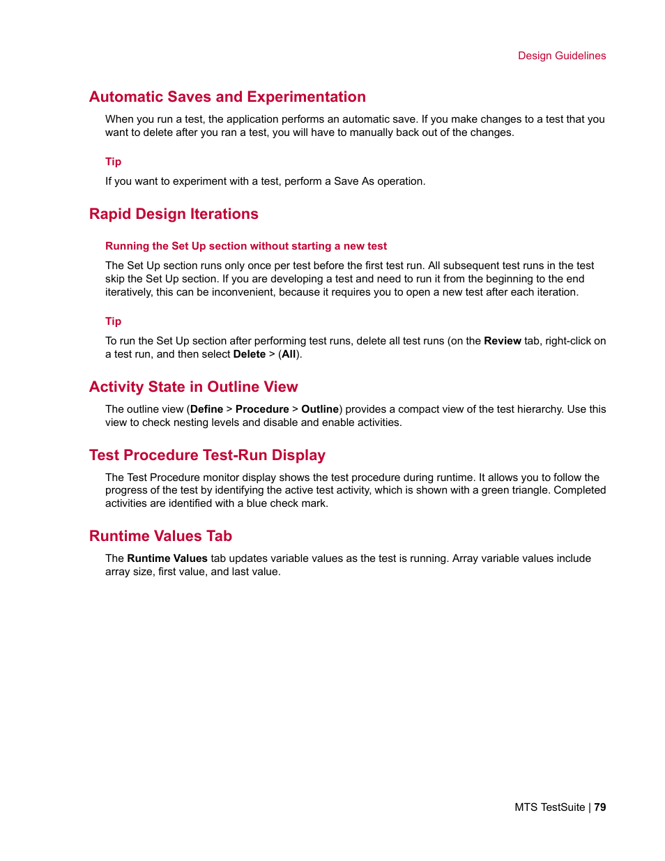 Automatic saves and experimentation, Rapid design iterations, Activity state in outline view | Test procedure test-run display, Runtime values tab | MTS TW Elite User Manual | Page 79 / 132