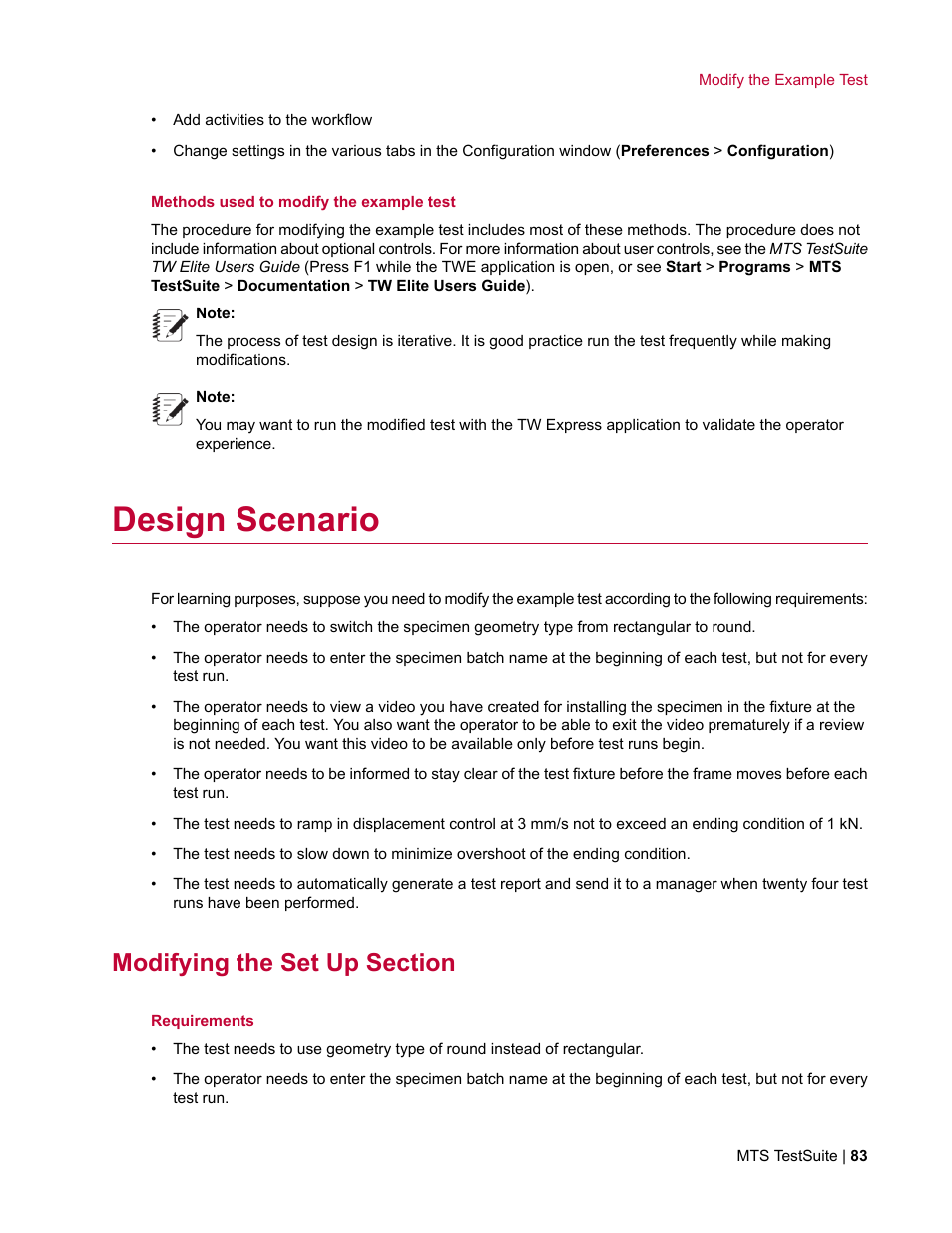 Design scenario, Modifying the set up section | MTS TW Elite User Manual | Page 83 / 132