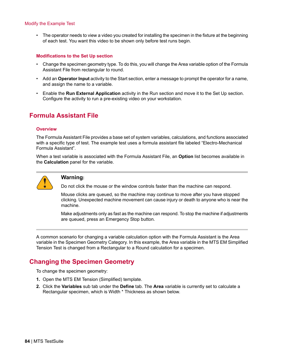 Formula assistant file, Changing the specimen geometry | MTS TW Elite User Manual | Page 84 / 132