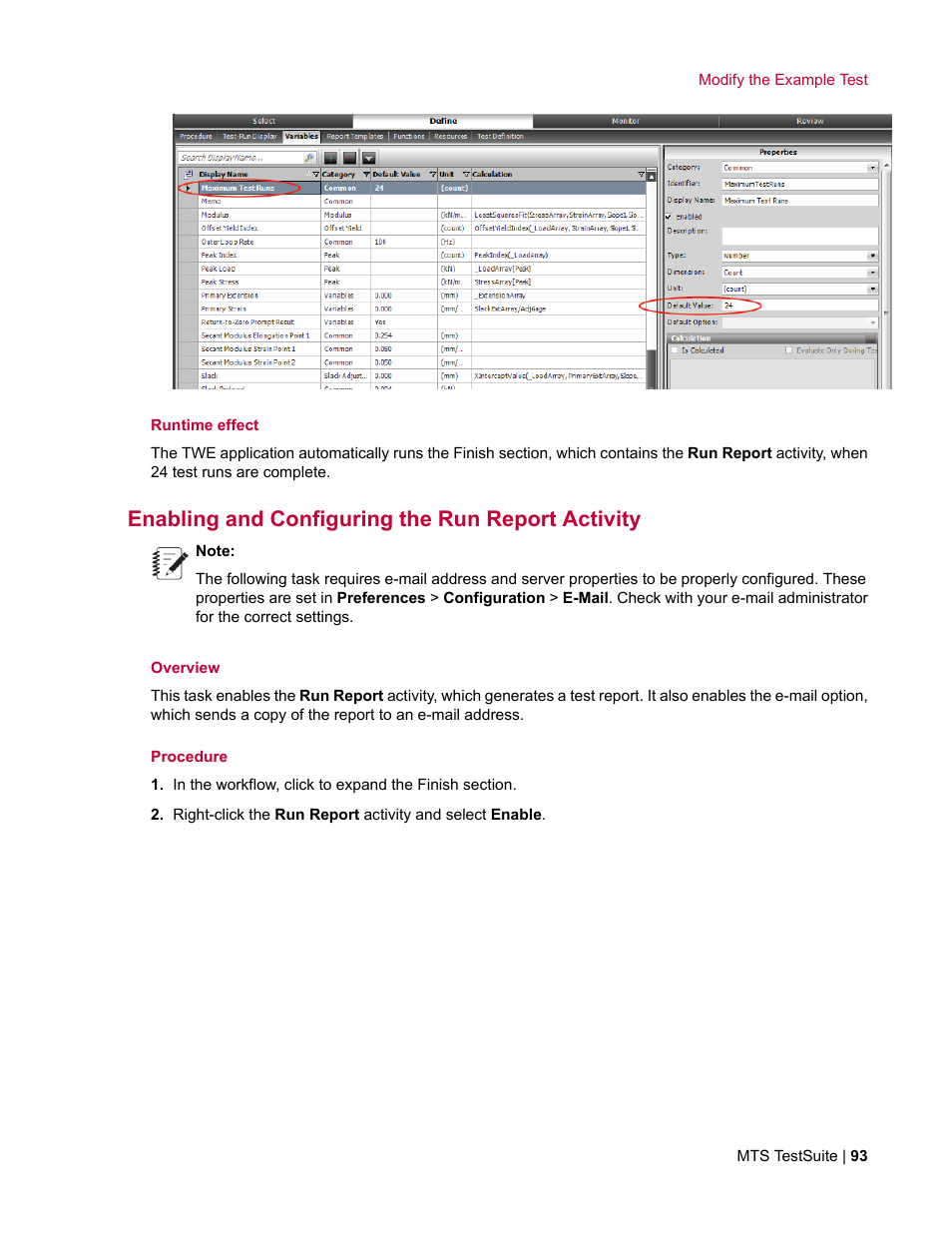 Enabling and configuring the run report activity | MTS TW Elite User Manual | Page 93 / 132