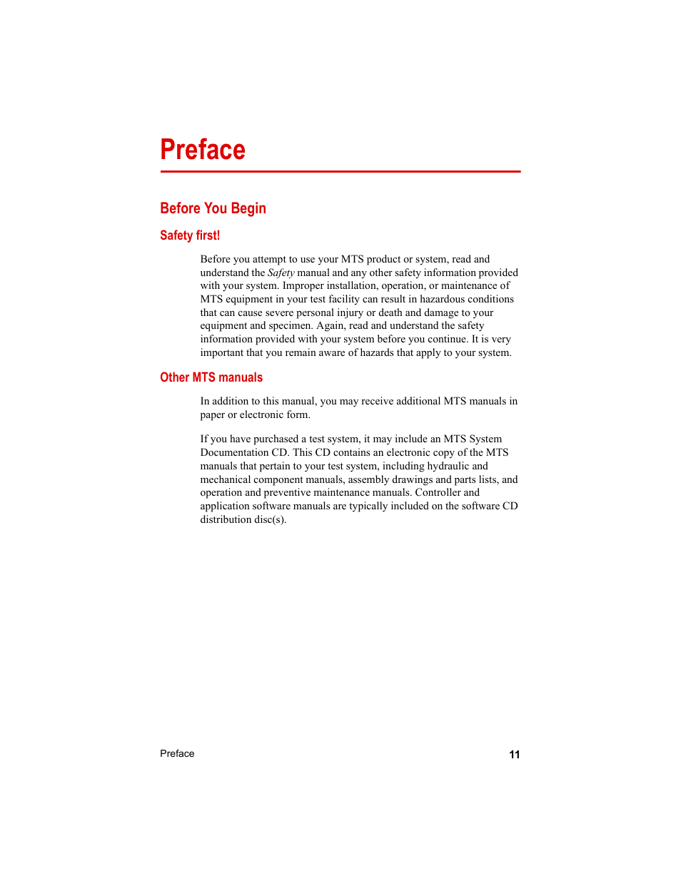 Preface, Before you begin, Preface 11 | Before you begin 11 | MTS Axial Extensometers User Manual | Page 11 / 64