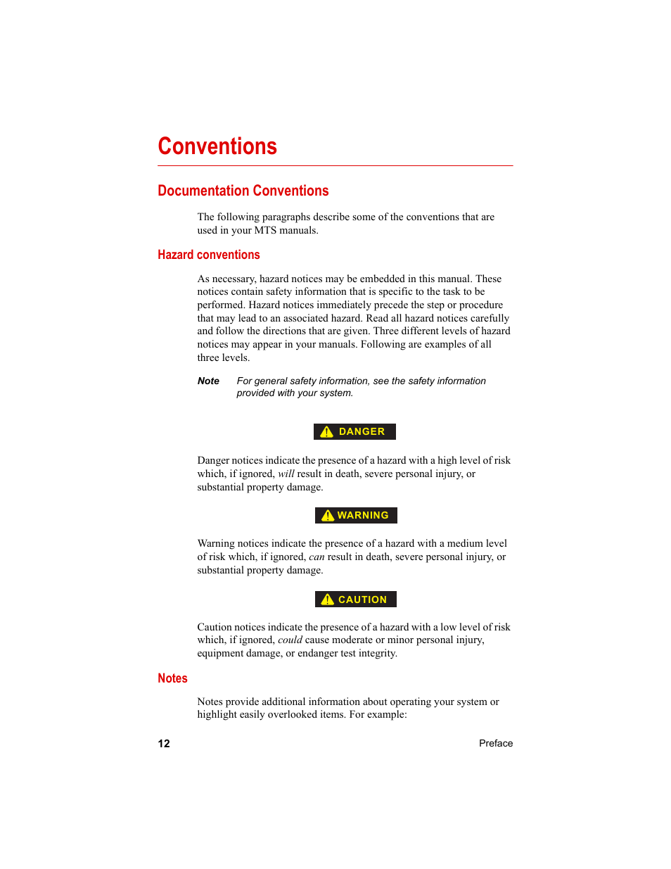 Documentation conventions, Documentation conventions 12, Conventions | MTS Axial Extensometers User Manual | Page 12 / 64