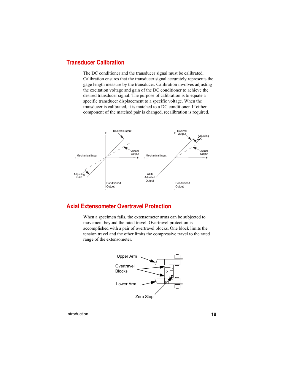 Transducer calibration, Axial extensometer overtravel protection | MTS Axial Extensometers User Manual | Page 19 / 64