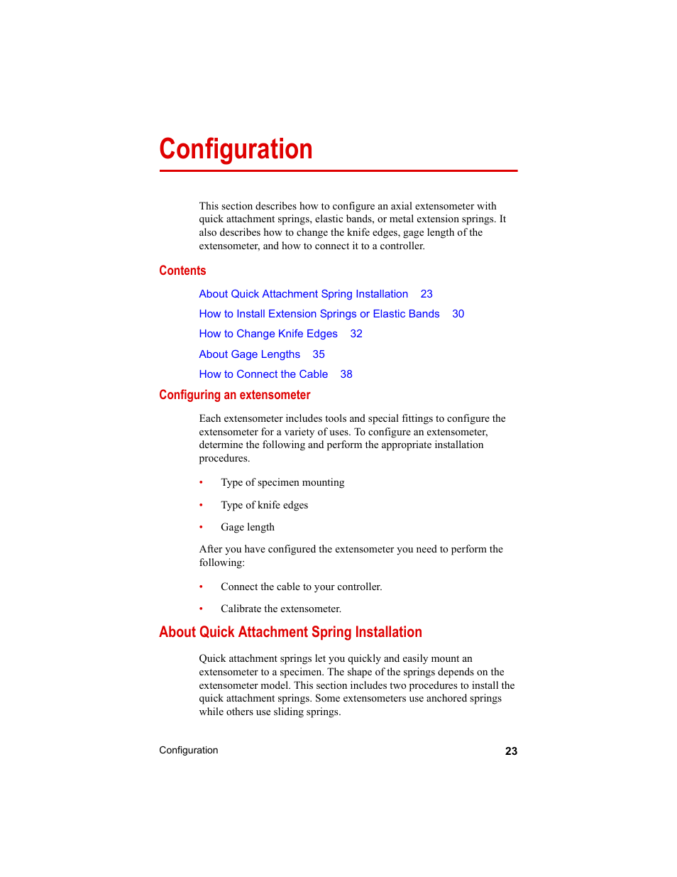 Configuration, About quick attachment spring installation, Configuration 23 | About quick attachment spring installation 23 | MTS Axial Extensometers User Manual | Page 23 / 64