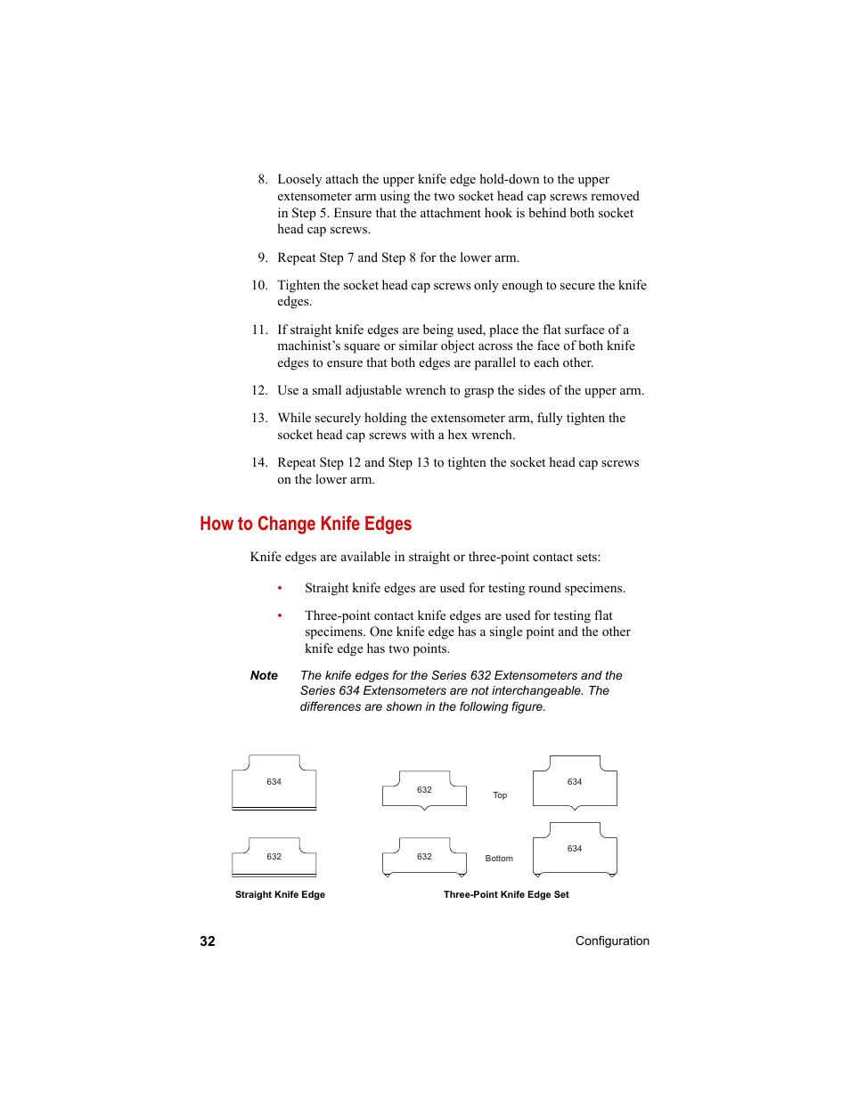 How to change knife edges, How to change knife edges 32 | MTS Axial Extensometers User Manual | Page 32 / 64