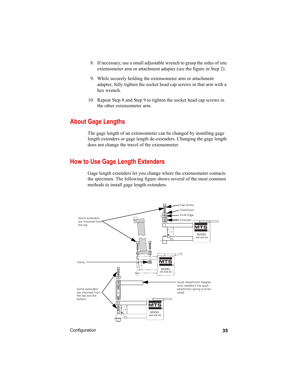 About gage lengths, How to use gage length extenders, About gage lengths 35 | MTS Axial Extensometers User Manual | Page 35 / 64