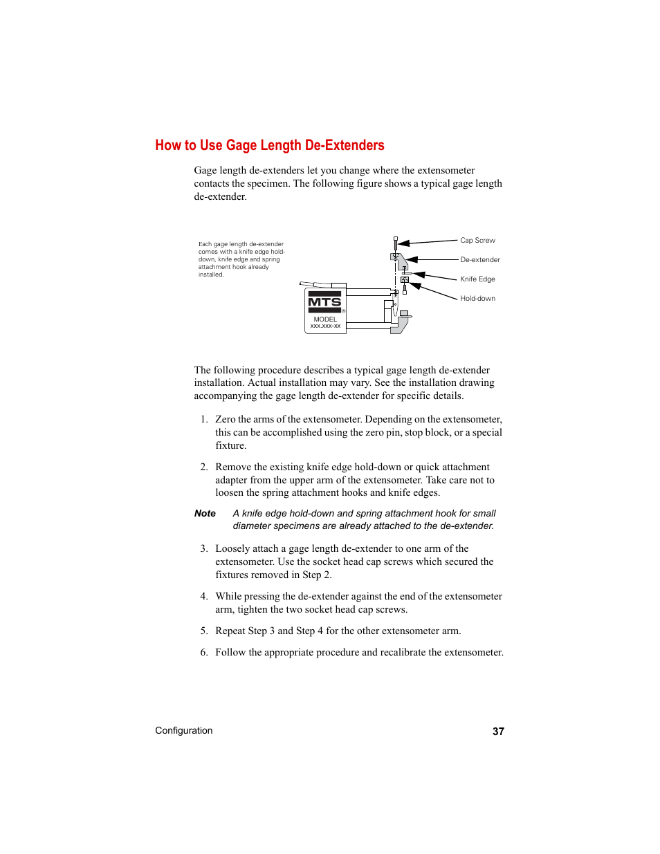 How to use gage length de-extenders, How to use gage length de-extenders 37 | MTS Axial Extensometers User Manual | Page 37 / 64