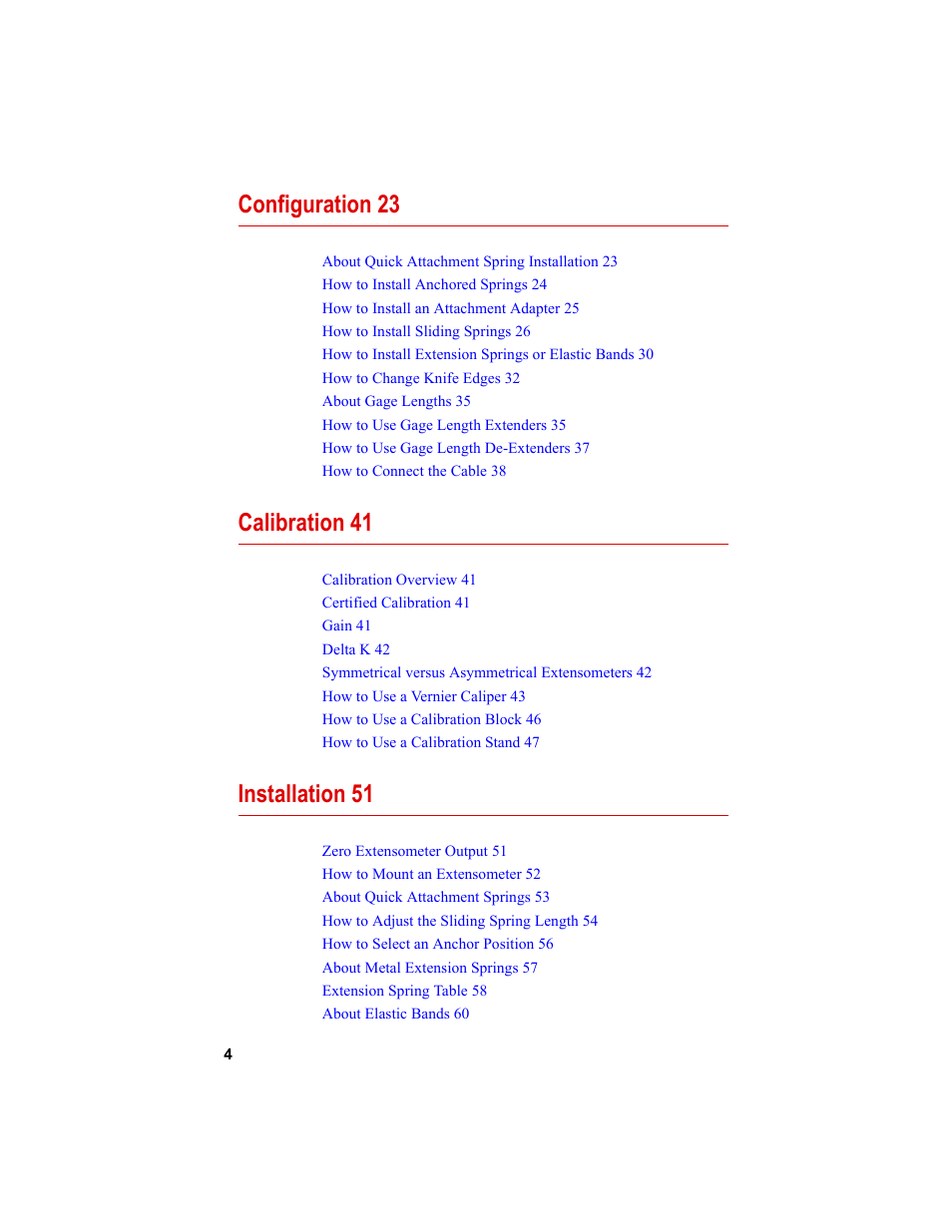 Configuration 23, Calibration 41, Installation 51 | MTS Axial Extensometers User Manual | Page 4 / 64
