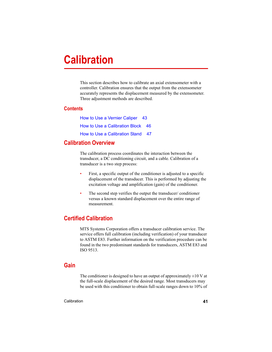 Calibration, Calibration overview, Certified calibration | Gain, Calibration 41 | MTS Axial Extensometers User Manual | Page 41 / 64