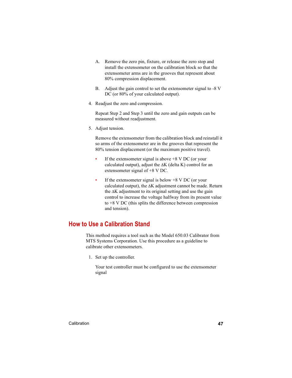 How to use a calibration stand, How to use a calibration stand 47 | MTS Axial Extensometers User Manual | Page 47 / 64