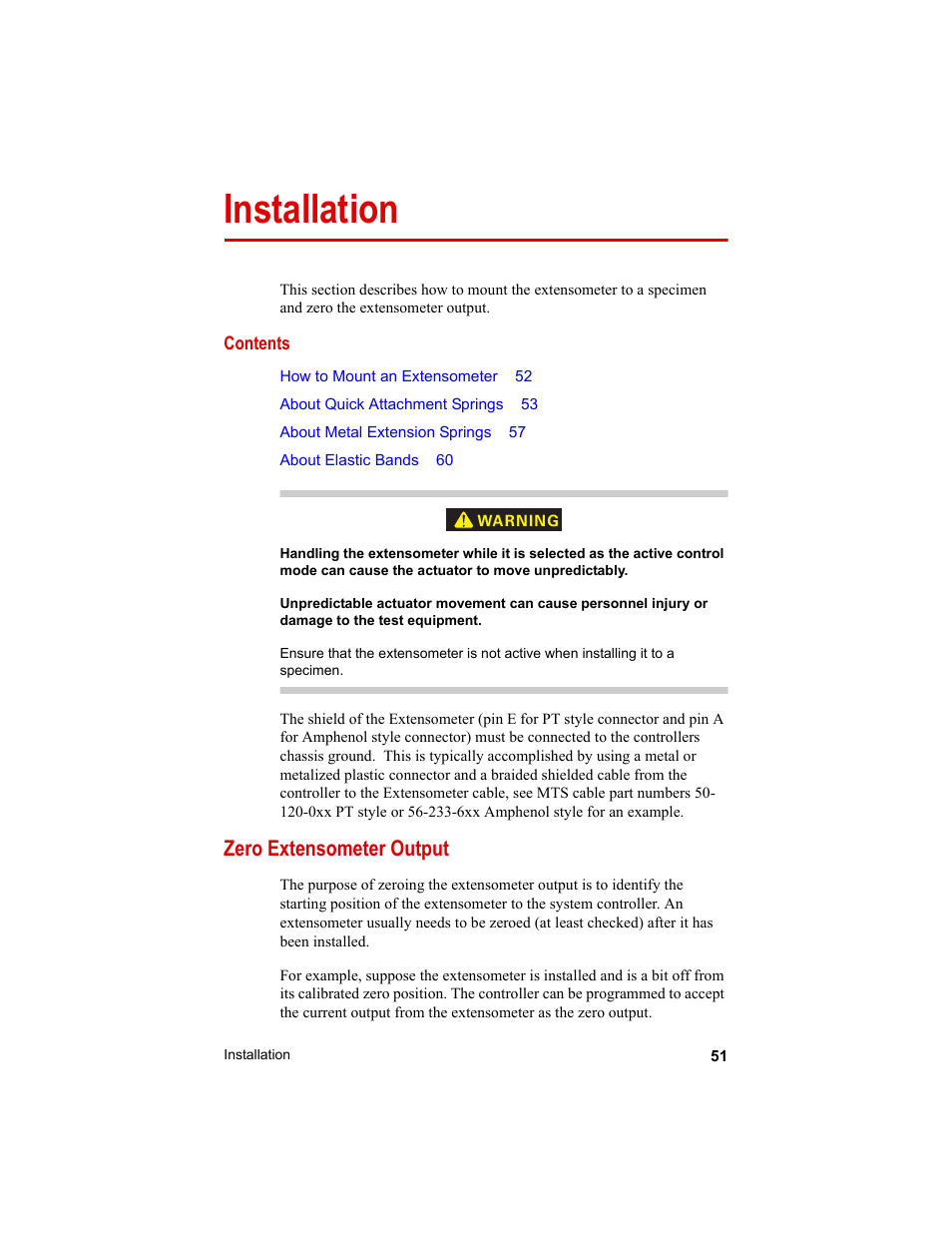 Installation, Zero extensometer output, Installation 51 | Zero extensometer output 51 | MTS Axial Extensometers User Manual | Page 51 / 64