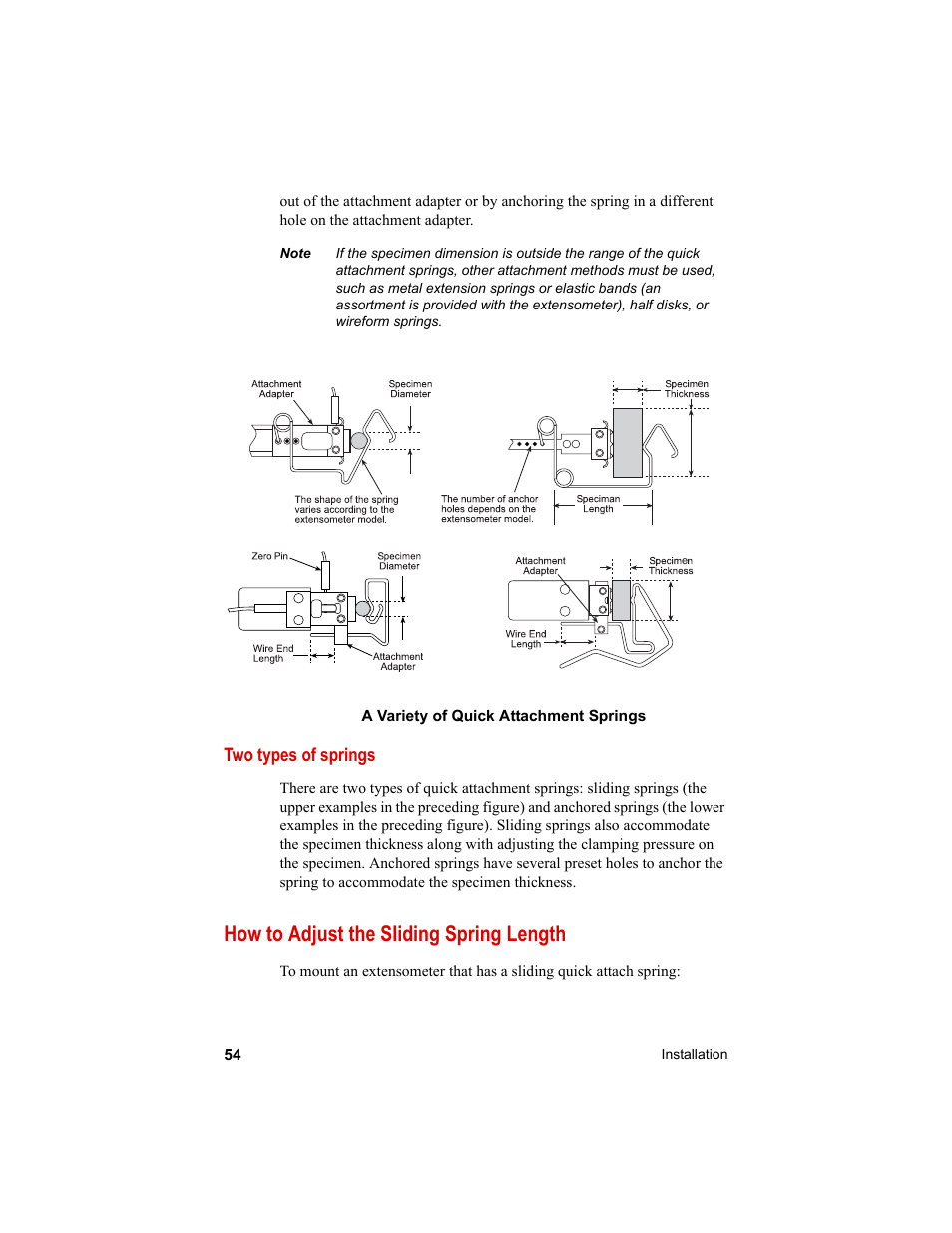 How to adjust the sliding spring length, How to adjust the sliding spring length 54 | MTS Axial Extensometers User Manual | Page 54 / 64