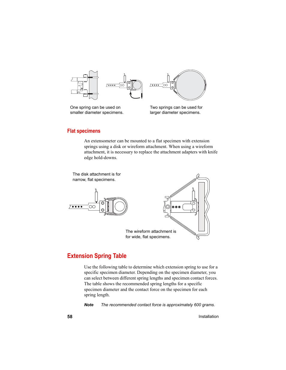 Extension spring table, Extension spring table 58 | MTS Axial Extensometers User Manual | Page 58 / 64