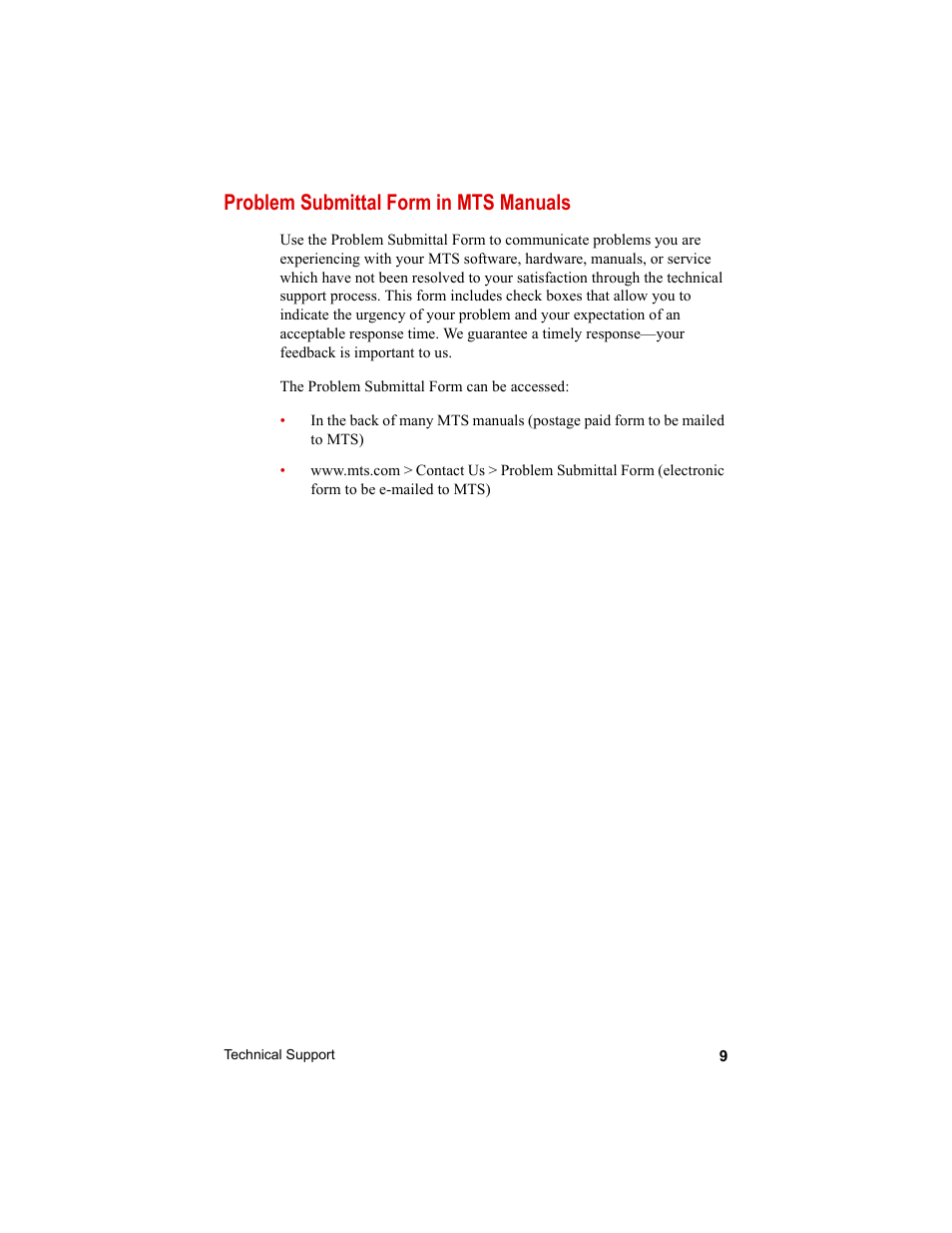 Problem submittal form in mts manuals, Problem submittal form in mts manuals 9 | MTS Axial Extensometers User Manual | Page 9 / 64