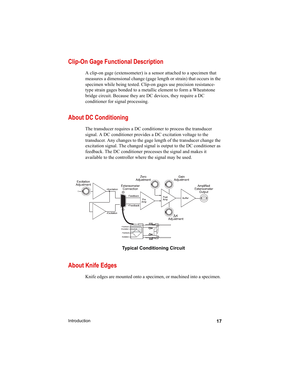 Clip-on gage functional description, About dc conditioning, About knife edges | MTS Clip-On Gages User Manual | Page 17 / 36