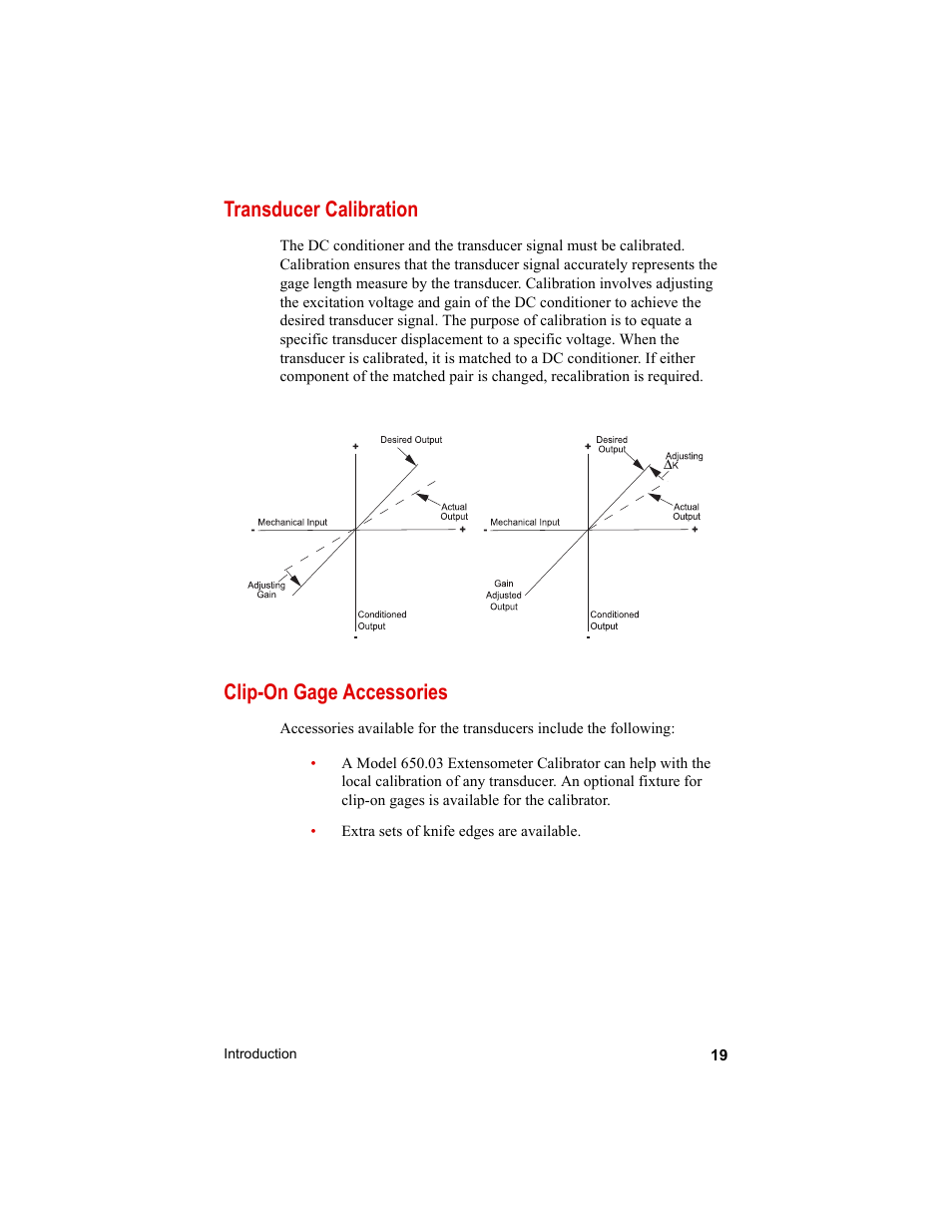 Transducer calibration, Clip-on gage accessories | MTS Clip-On Gages User Manual | Page 19 / 36