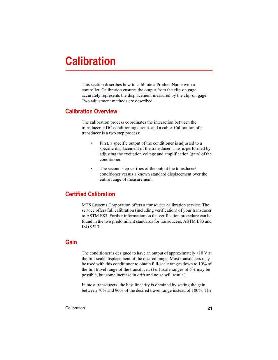 Calibration, Calibration overview, Certified calibration | Gain, Calibration 21 | MTS Clip-On Gages User Manual | Page 21 / 36