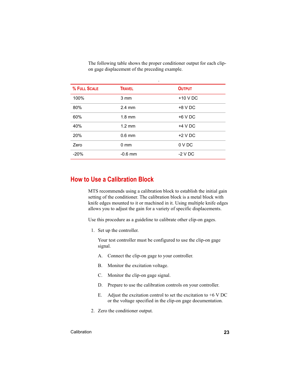 How to use a calibration block, How to use a calibration block 23 | MTS Clip-On Gages User Manual | Page 23 / 36