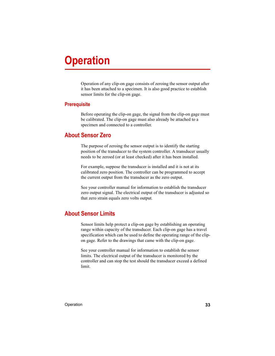 Operation, About sensor zero, About sensor limits | Operation 33, About sensor zero 33 about sensor limits 33 | MTS Clip-On Gages User Manual | Page 33 / 36