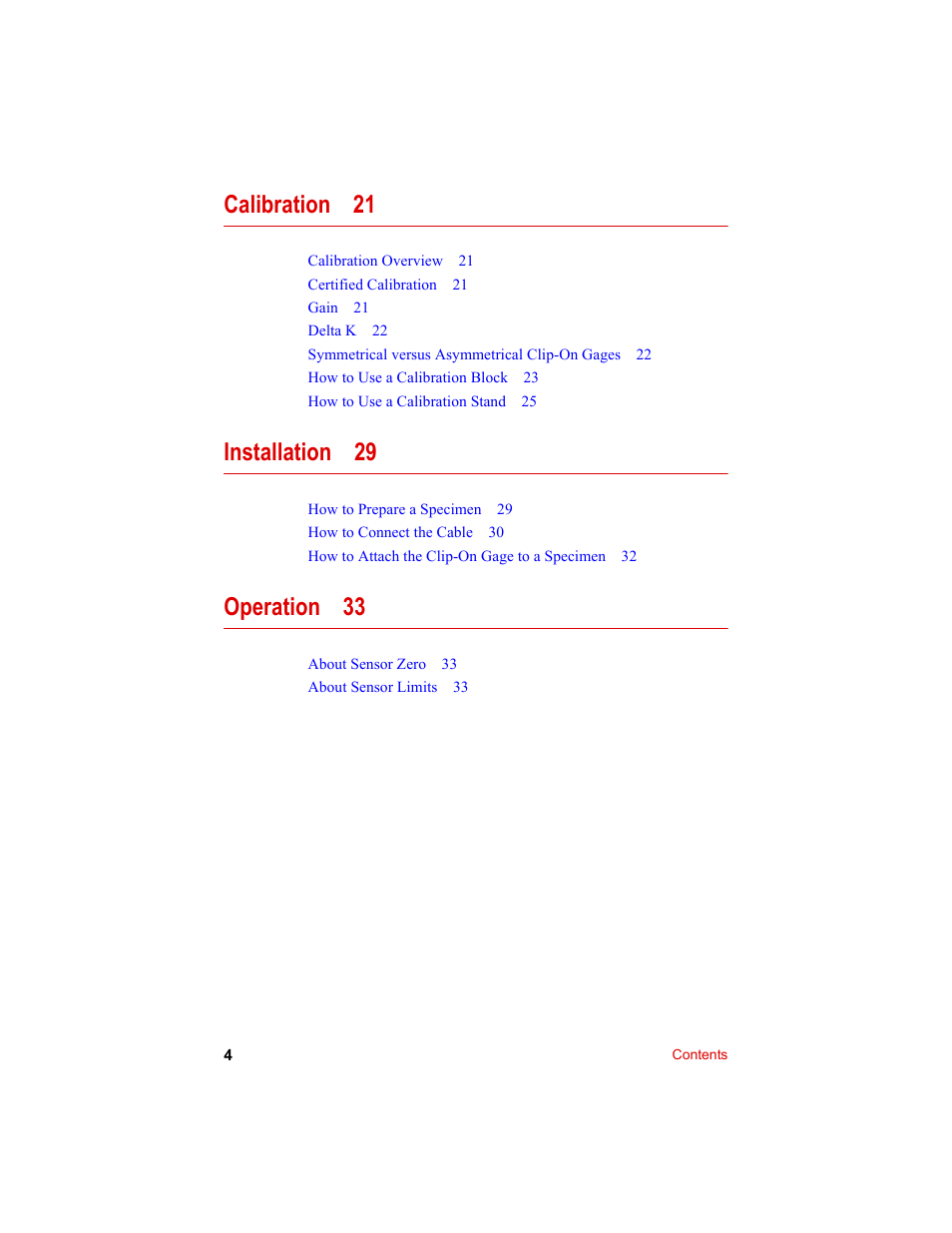 Calibration 21, Installation 29, Operation 33 | MTS Clip-On Gages User Manual | Page 4 / 36