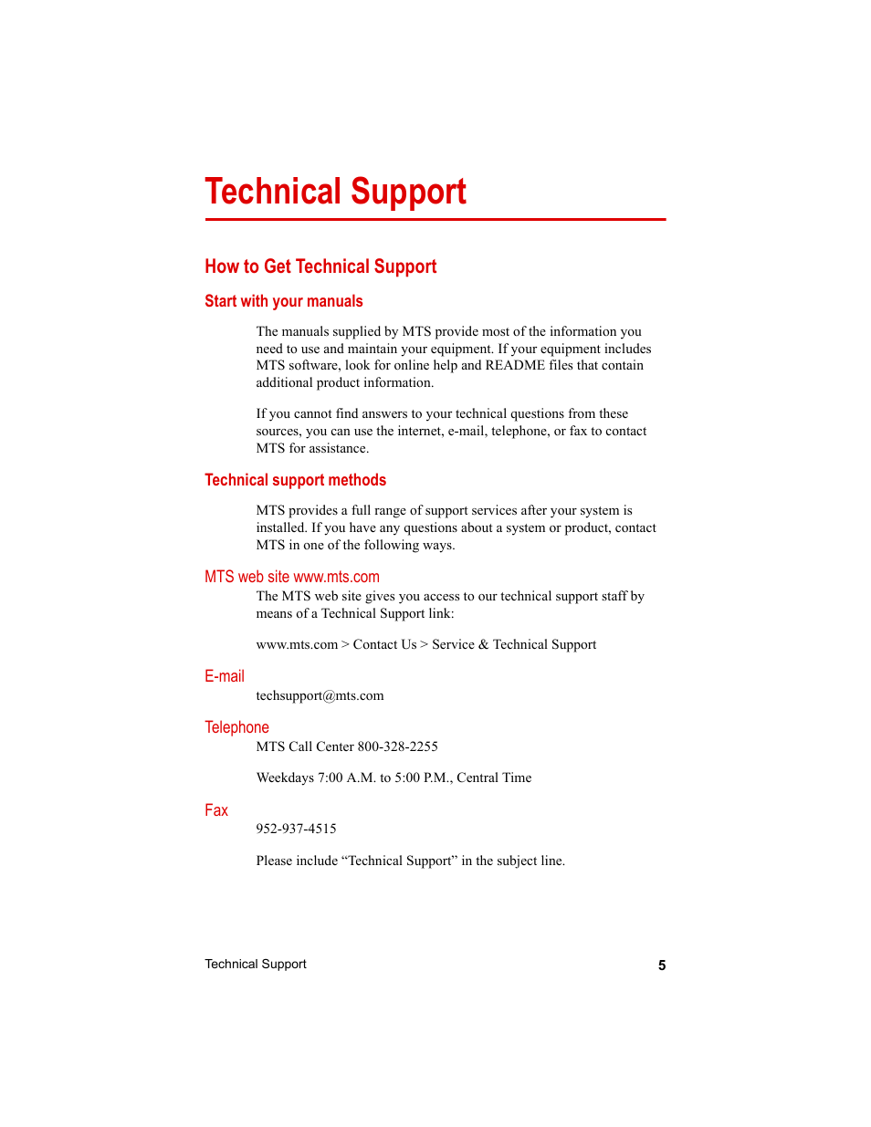 Technical support, How to get technical support, Technical support 5 | How to get technical support 5 | MTS Clip-On Gages User Manual | Page 5 / 36