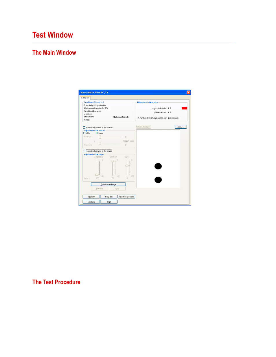 Test window, The main window, The test procedure | Test window 26, The main window 26, The test procedure 26 | MTS Fundamental Video Extensometer User Manual | Page 26 / 42