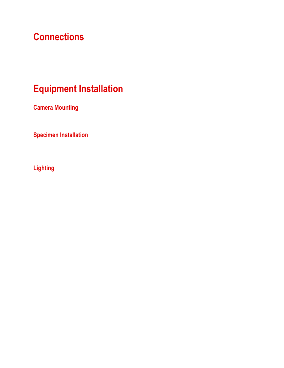 Connections, Equipment installation, Camera mounting | Specimen installation, Lighting, Connections 34, Equipment installation 34, Camera mounting 34, Specimen installation 34, Lighting 34 | MTS Fundamental Video Extensometer User Manual | Page 34 / 42