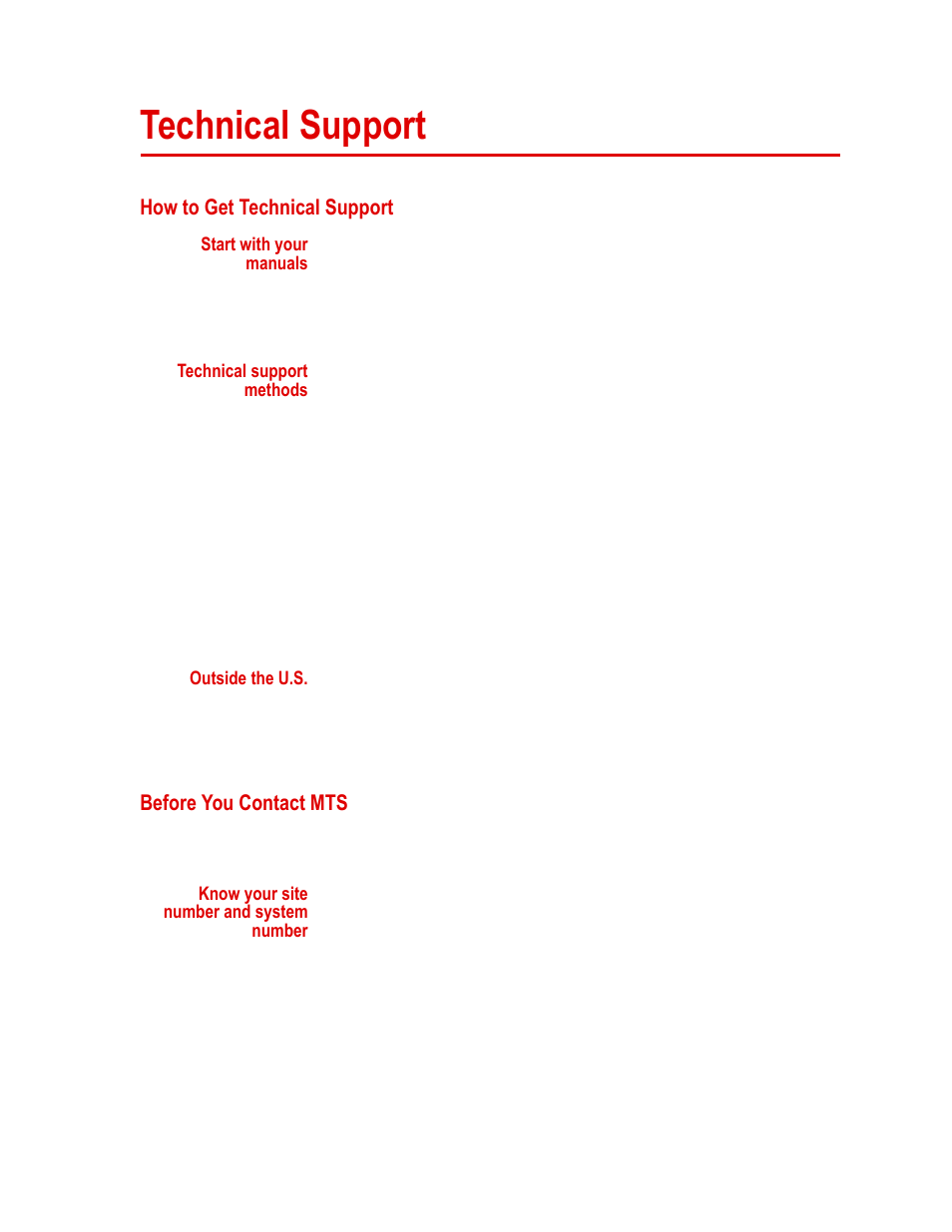 Technical support, How to get technical support, Before you contact mts | Technical support 5, How to get technical support 5, Before you contact mts 5 | MTS Fundamental Video Extensometer User Manual | Page 5 / 42