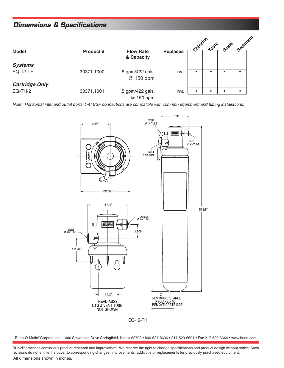 Dimensions & specifications | Bunn EASY CLEAR EQ-12-TH User Manual | Page 2 / 2