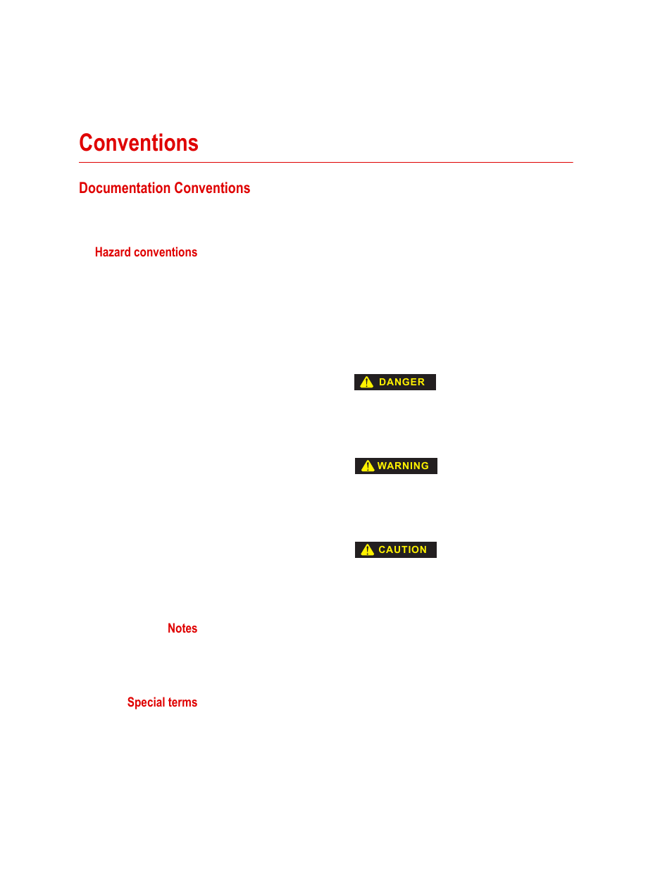 Conventions, Documentation conventions, Hazard conventions | Notes, Special terms, Conventions 12 | MTS Series LX Laser Extensometer User Manual | Page 12 / 62