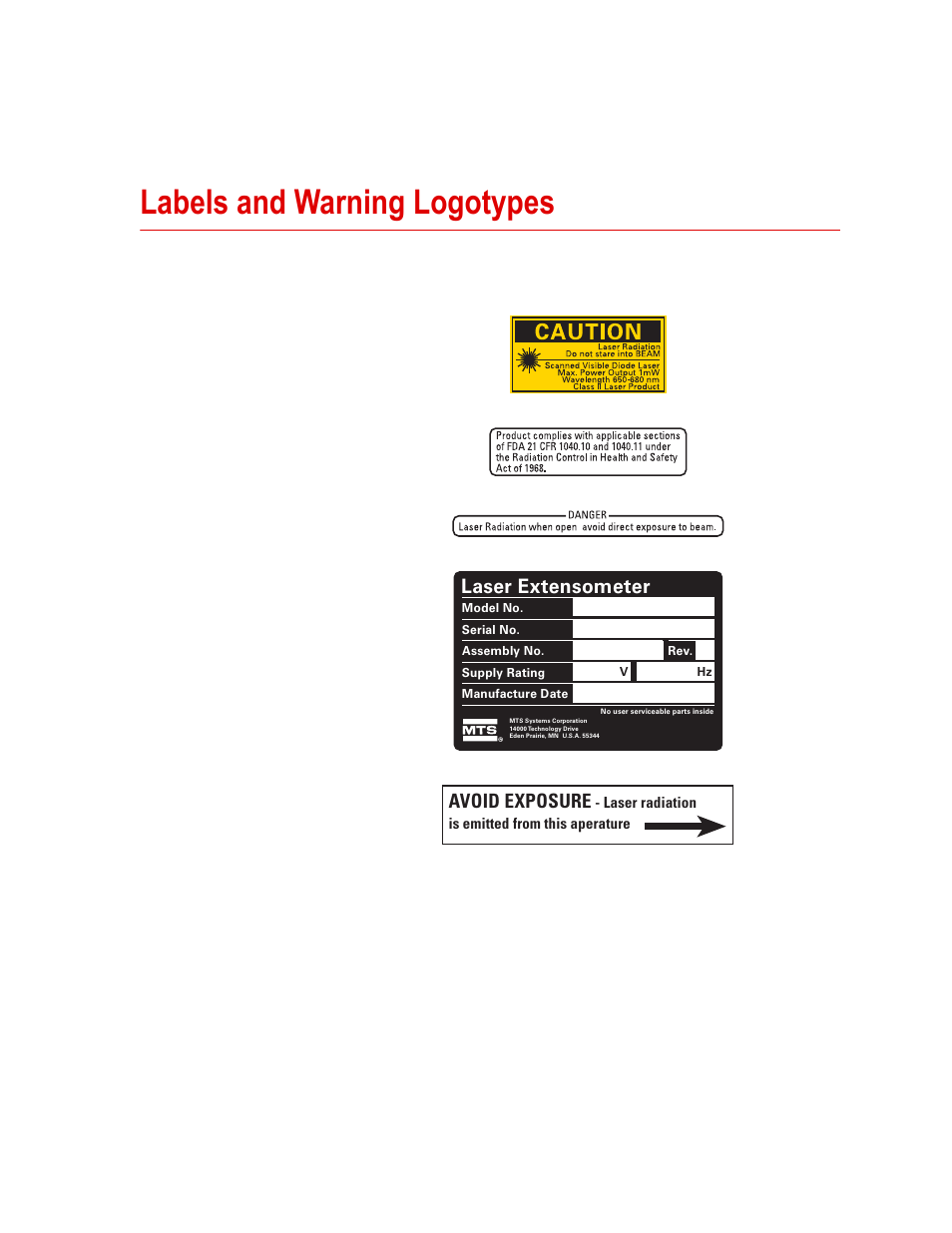 Labels and warning logotypes, Labels and warning logotypes 25, Laser extensometer | Avoid exposure | MTS Series LX Laser Extensometer User Manual | Page 25 / 62