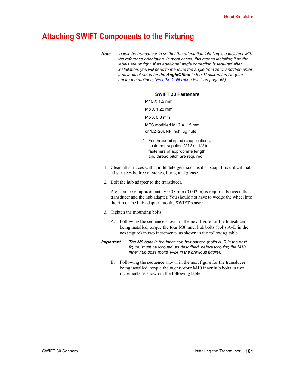 Attaching swift components to the fixturing, Attaching swift components to the fixturing 101 | MTS SWIFT 30 Sensor User Manual | Page 101 / 172