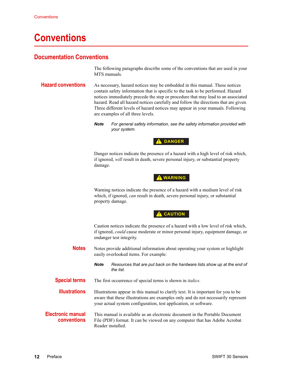 Conventions, Documentation conventions, Conventions 12 | Documentation conventions 12 | MTS SWIFT 30 Sensor User Manual | Page 12 / 172