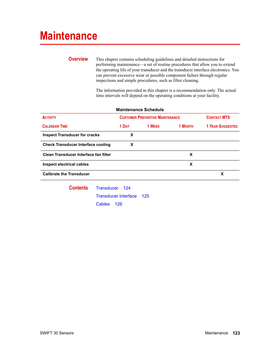 Maintenance, Maintenance 123 | MTS SWIFT 30 Sensor User Manual | Page 123 / 172