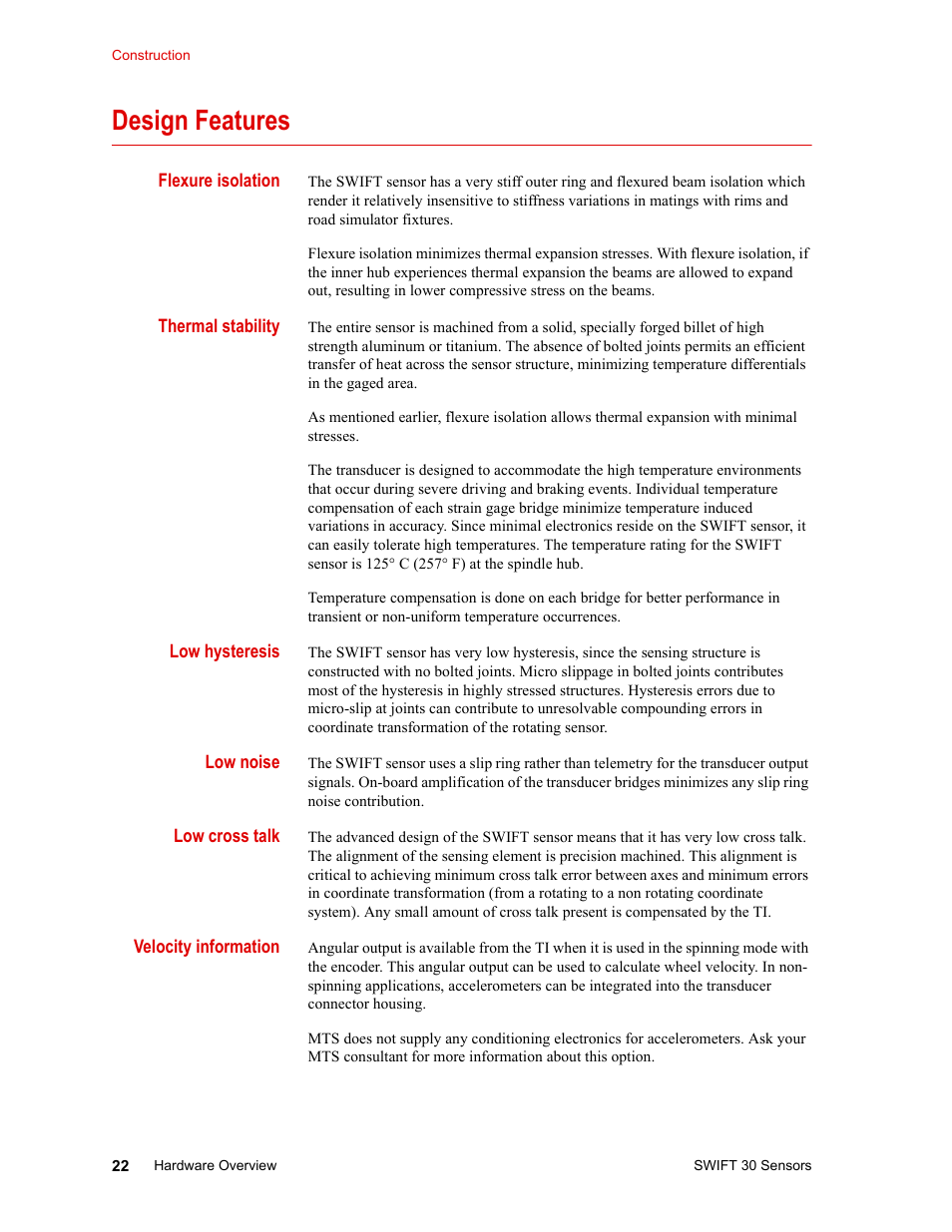 Design features, Design features 22 | MTS SWIFT 30 Sensor User Manual | Page 22 / 172