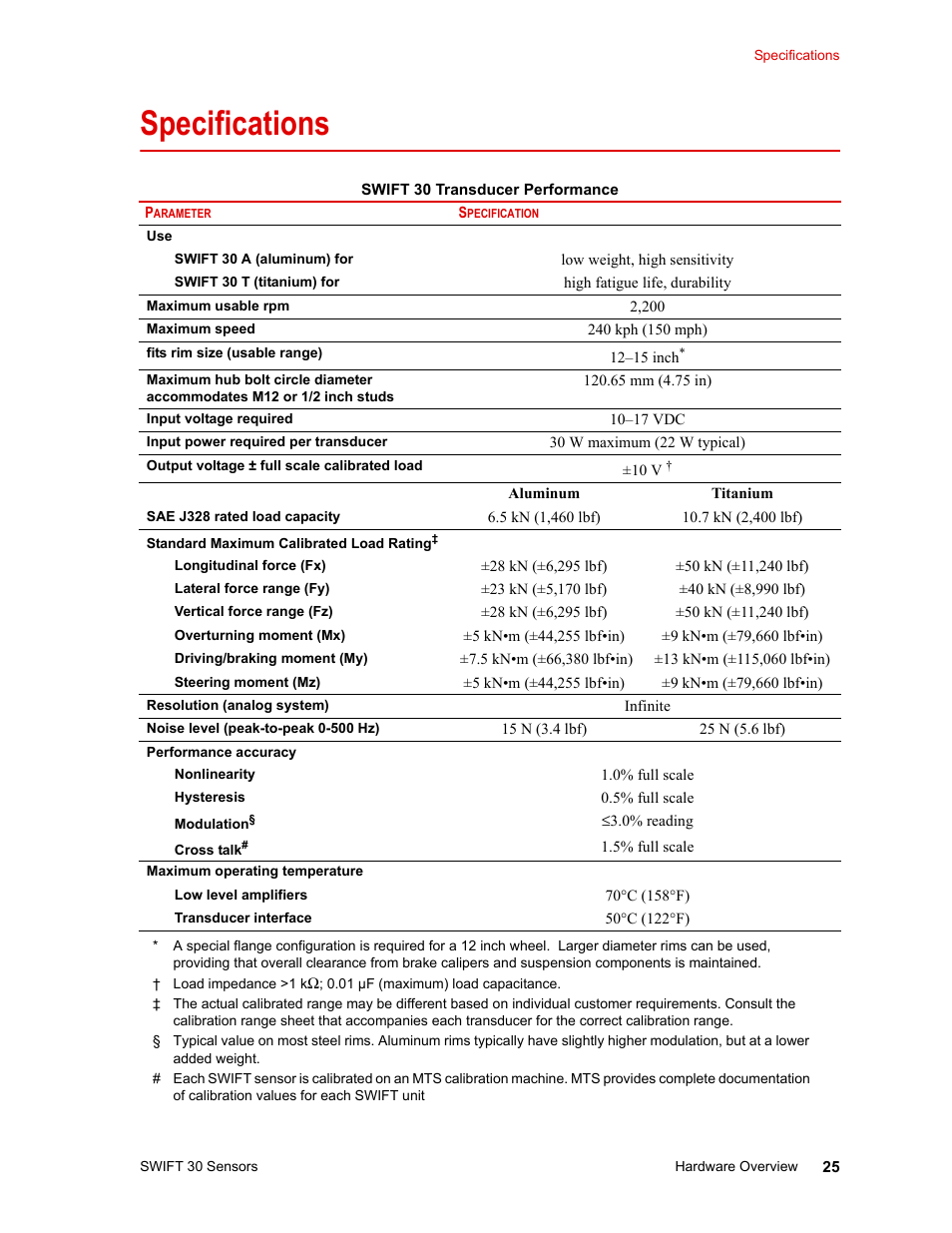 Specifications, Specifications 25 | MTS SWIFT 30 Sensor User Manual | Page 25 / 172