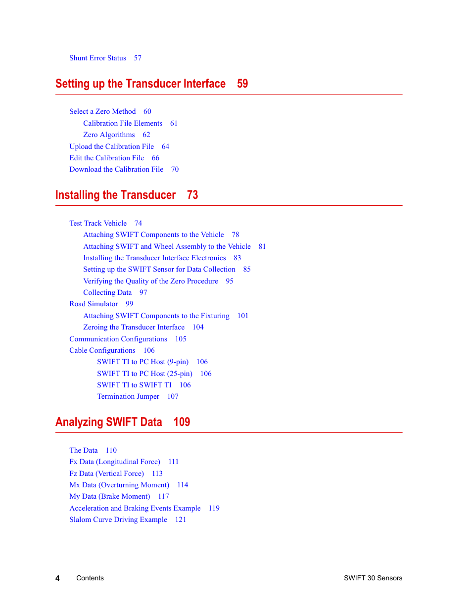 Setting up the transducer interface 59, Installing the transducer 73, Analyzing swift data 109 | MTS SWIFT 30 Sensor User Manual | Page 4 / 172